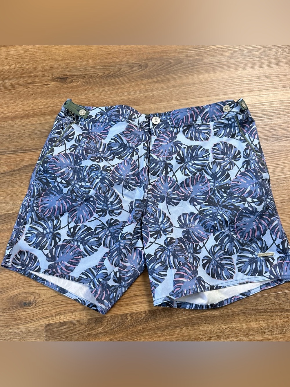 Parke & Ronen Catalonia Swim Shorts Blue Palm Leaf Men 34* Lined Beach Trunks 6”